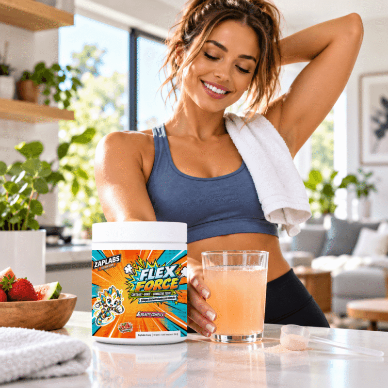 - Žena s nápojem FLEX FORCE ZAPLABS po cvičení